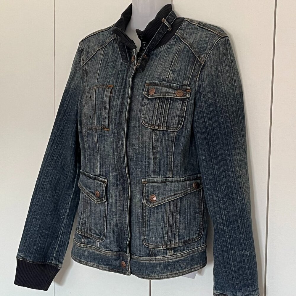 DKNY denim jacket Y2K zipper/snap closure ribbed contrast neck and cuff size M